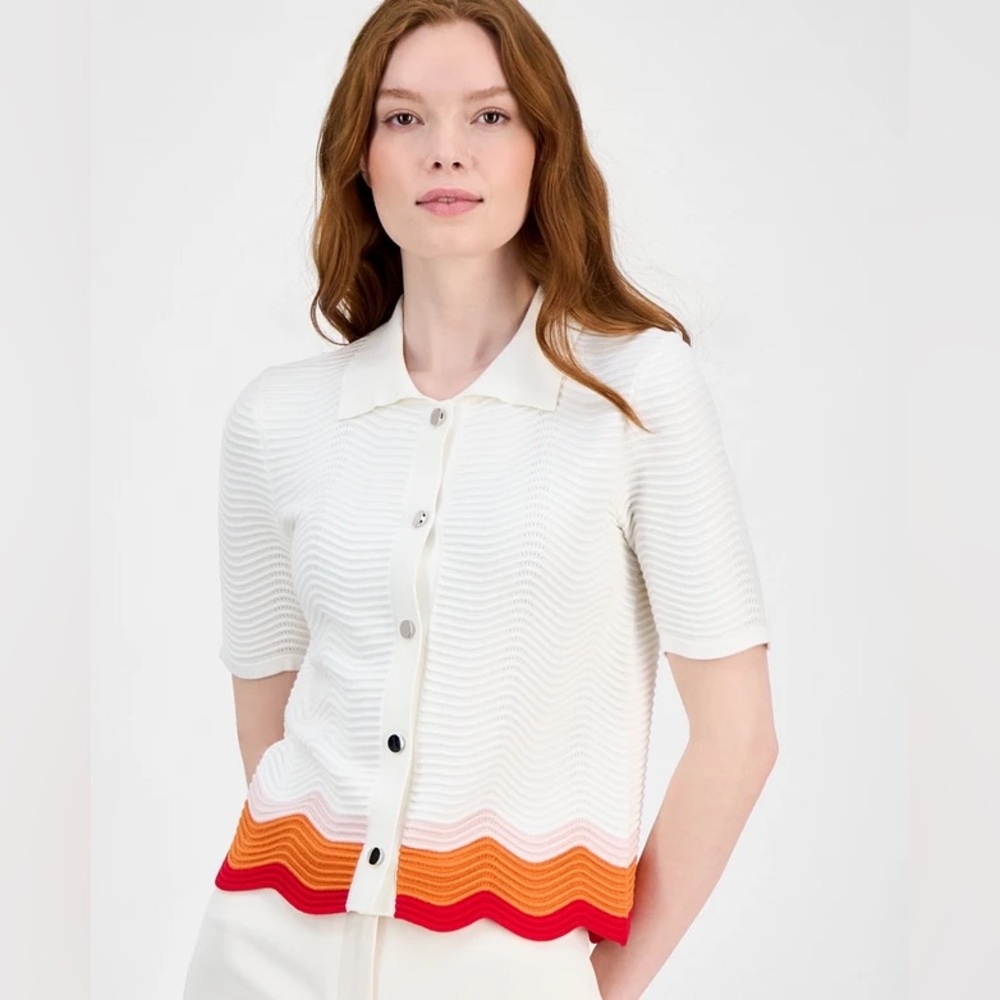 T Tahari Women's Striped-Hem Sleeveless Button Cardigan